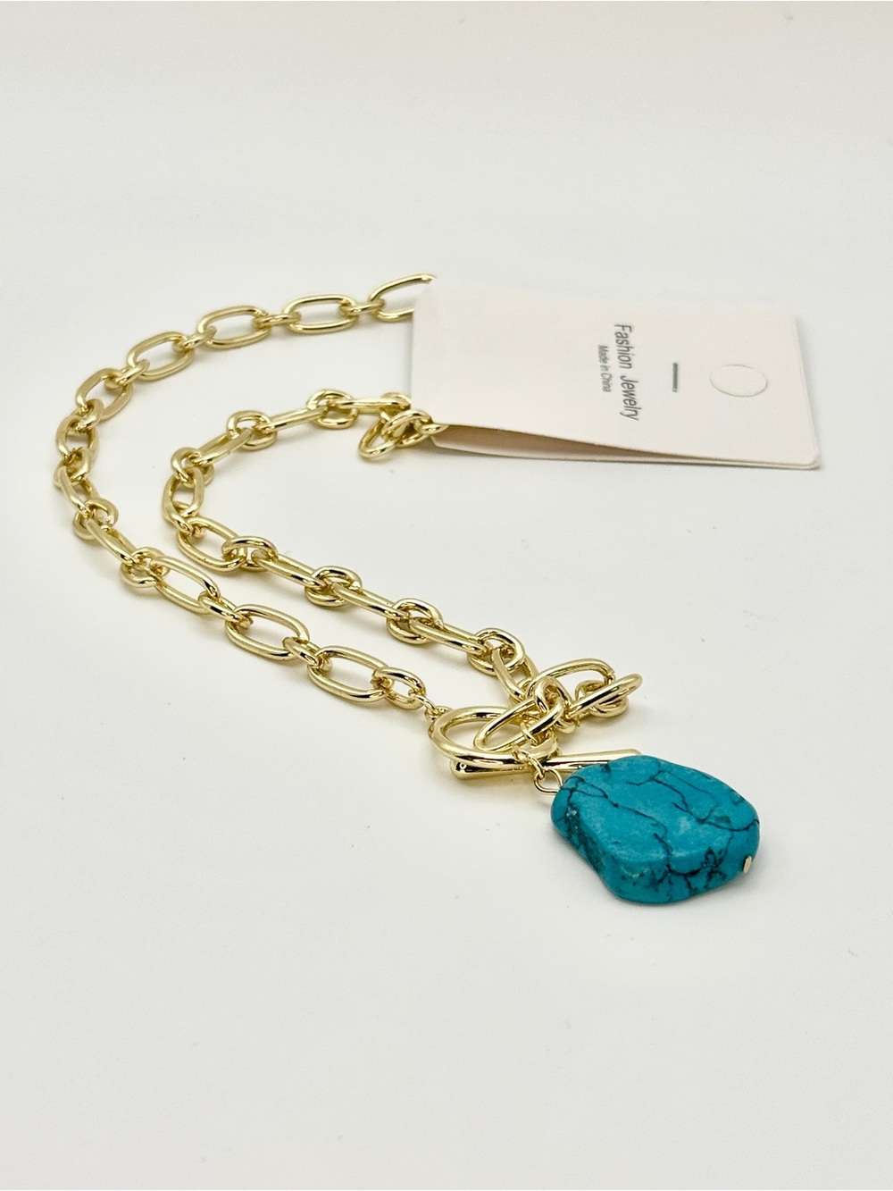 NWT 18K Gold Plated Link Chain Statement Toggle Necklace Turquoise  Pendant Boho - Picture 4 of 8